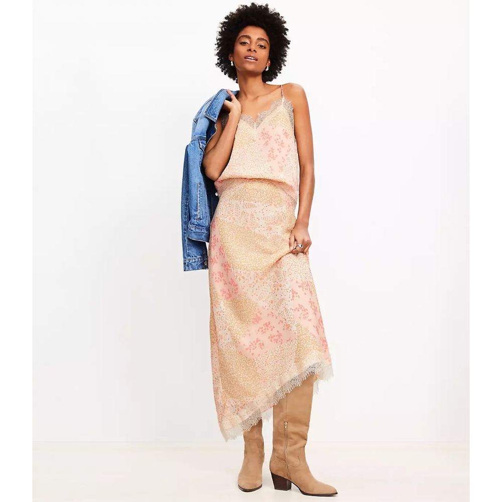 LOFT Floral Lace Trim Cami Top With Matching Maxi Skirt Pink Cream XS/S